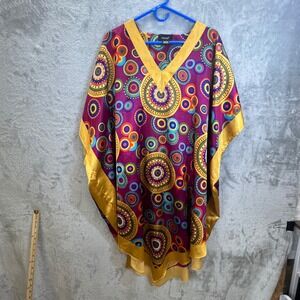 Ashro Boho Kaftan Tunic M Purple Gold Mandala Geometric Print Festival Mod Retro